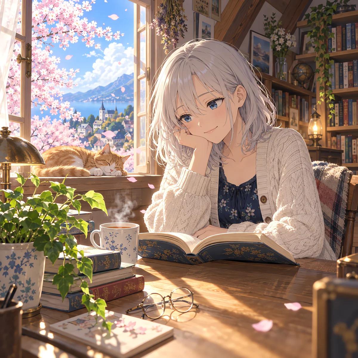 An anime-style illustration of a young woman with shoulder-length silver hair and a cream cable-knit cardigan, resting her chin on her right hand as she smiles at an open book, with a ginger cat asleep on the windowsill and cherry blossoms and a lakeside town outside the window.