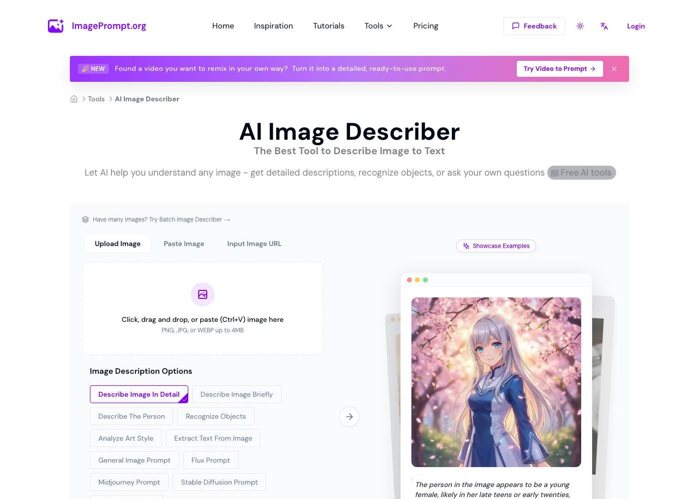 IMAGEPROMPT's AI Image Describer page: an upload area with Upload Image, Paste Image and Input Image URL tabs on the left, description mode buttons including Describe Image In Detail and Flux Prompt below it, and a showcase example with a generated description on the right.
