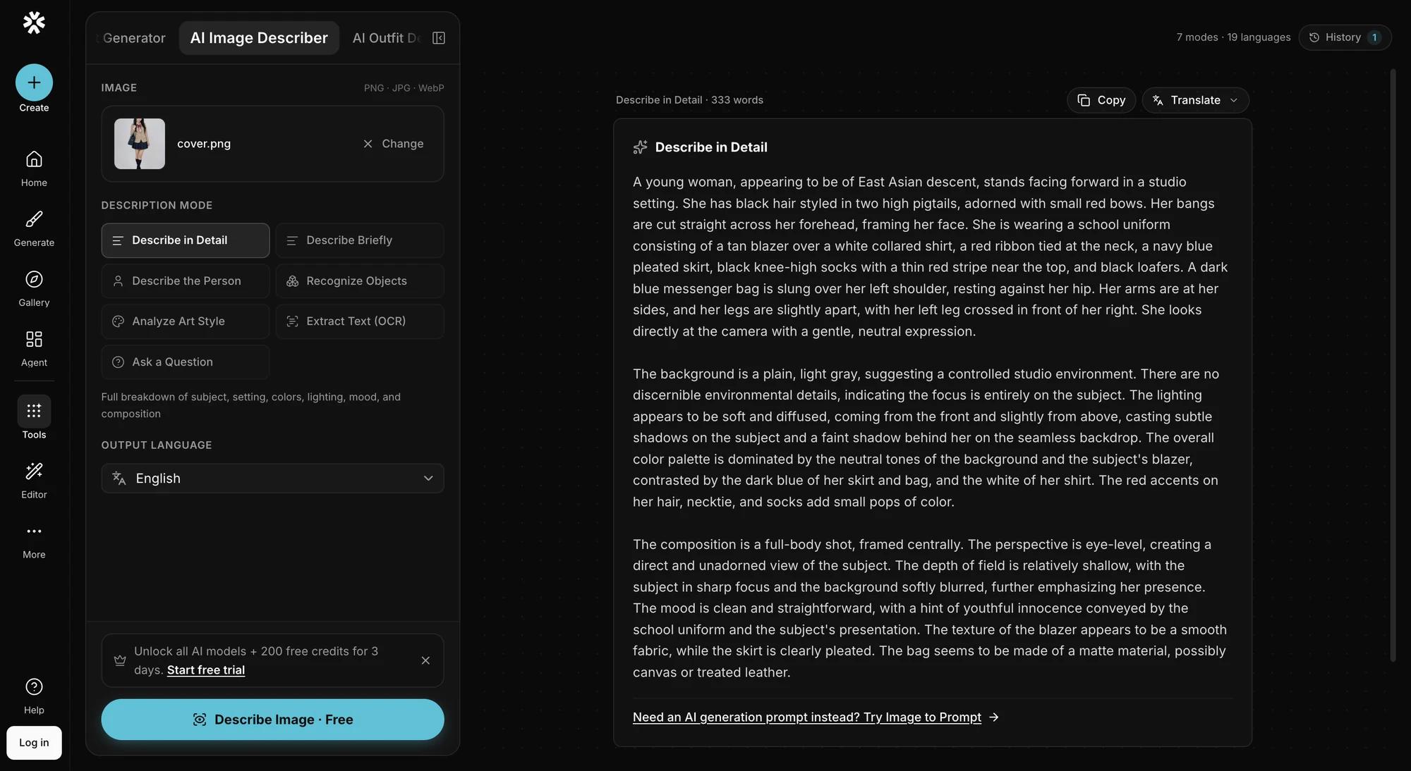 The Vormly AI Image Describer interface: an uploaded image on the left, seven description modes with Describe in Detail selected, English as the output language and a Describe Image button, and on the right a three-paragraph description with Copy and Translate buttons.