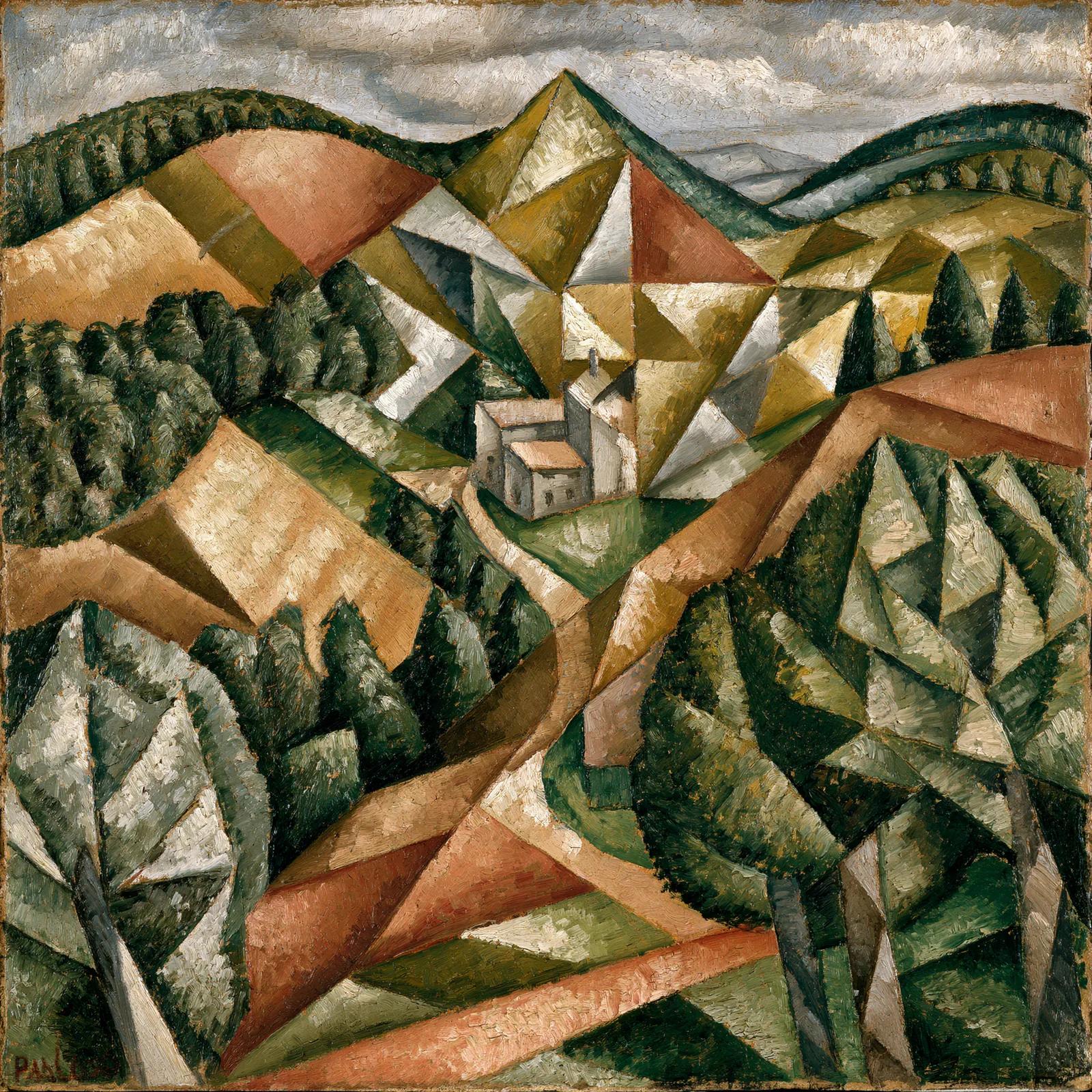 A cubist-style landscape painting of faceted green hills, pine trees and a white farmhouse in ochre, olive and rust tones under a grey sky.
