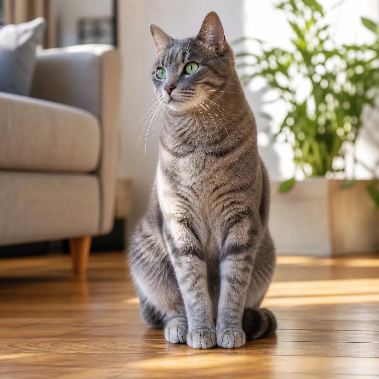 A grey tabby cat with green eyes sitting upright on a sunlit wooden floor, with a grey sofa and a potted plant behind it.