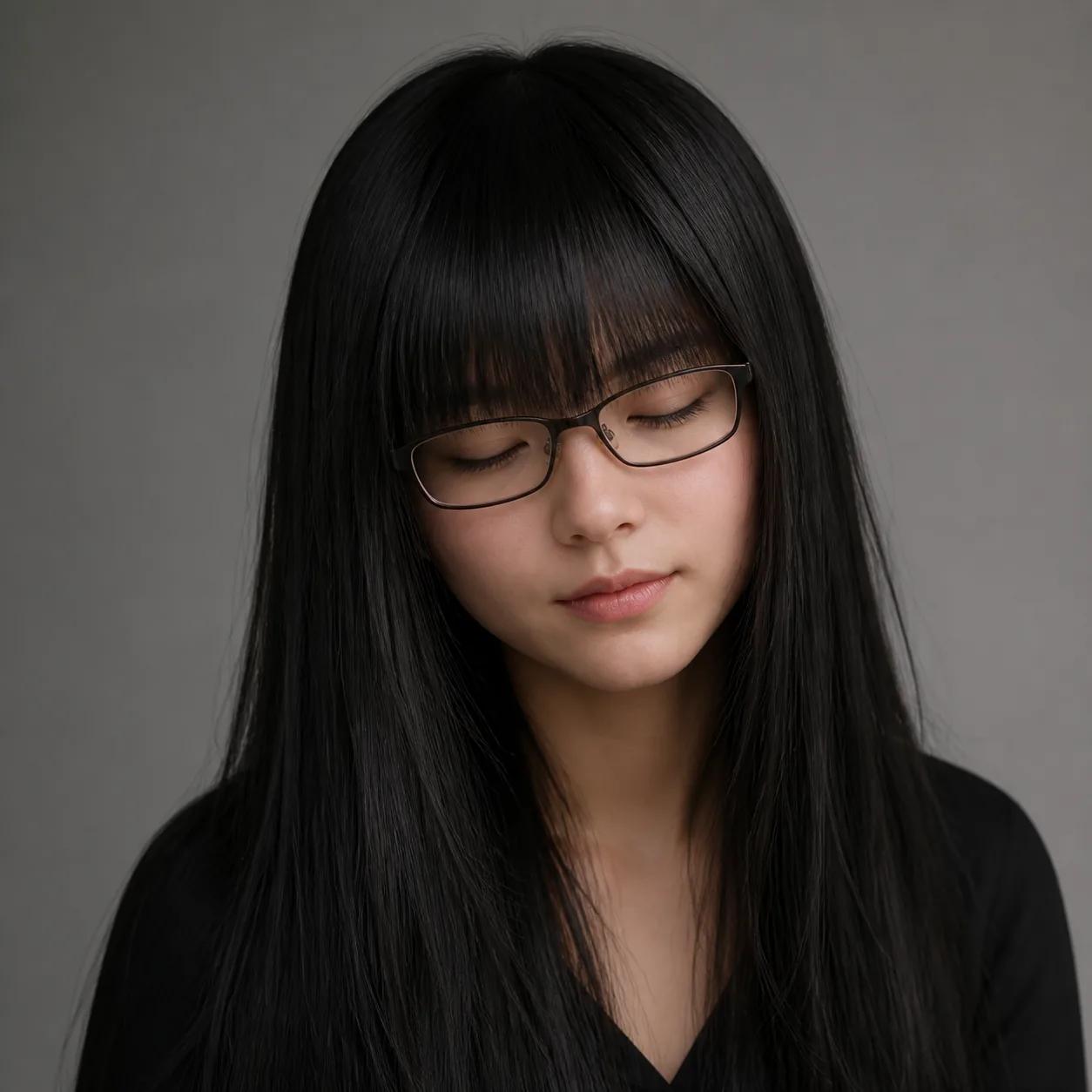 Portrait of a young woman with long straight black hair, full bangs and thin rectangular glasses, eyes closed and head tilted down, wearing a black top against a grey backdrop.