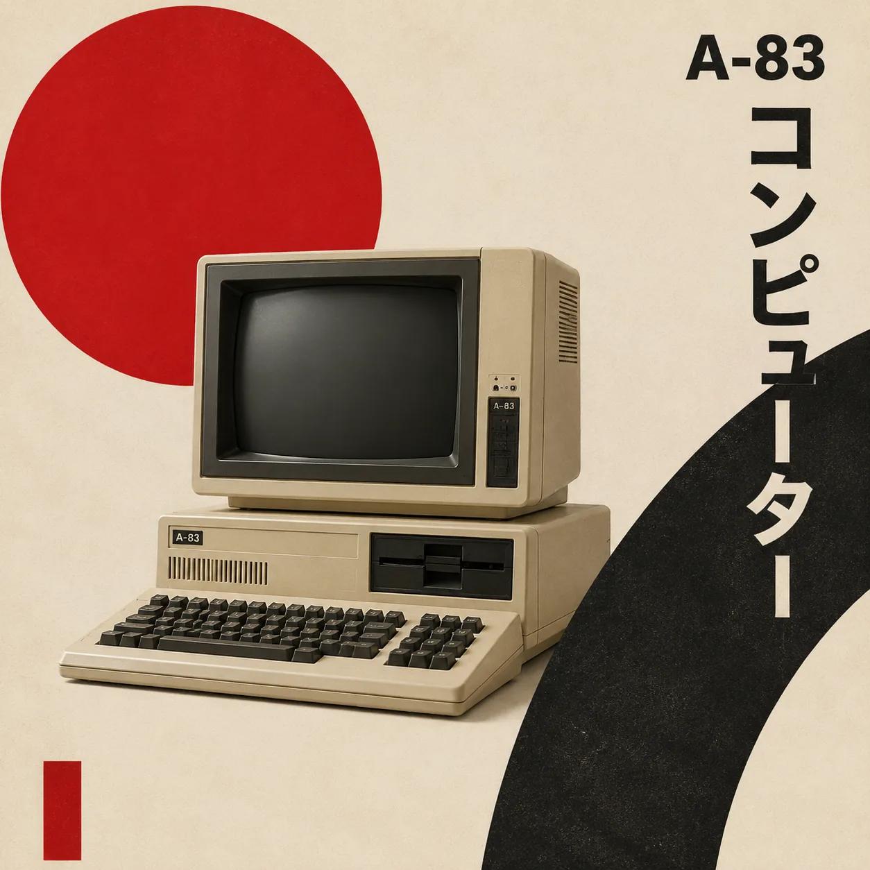 Retro poster of a beige personal computer with a monitor and keyboard, a large red circle, a curved black stripe, and the text A-83 above the word コンピューター set vertically in Japanese.