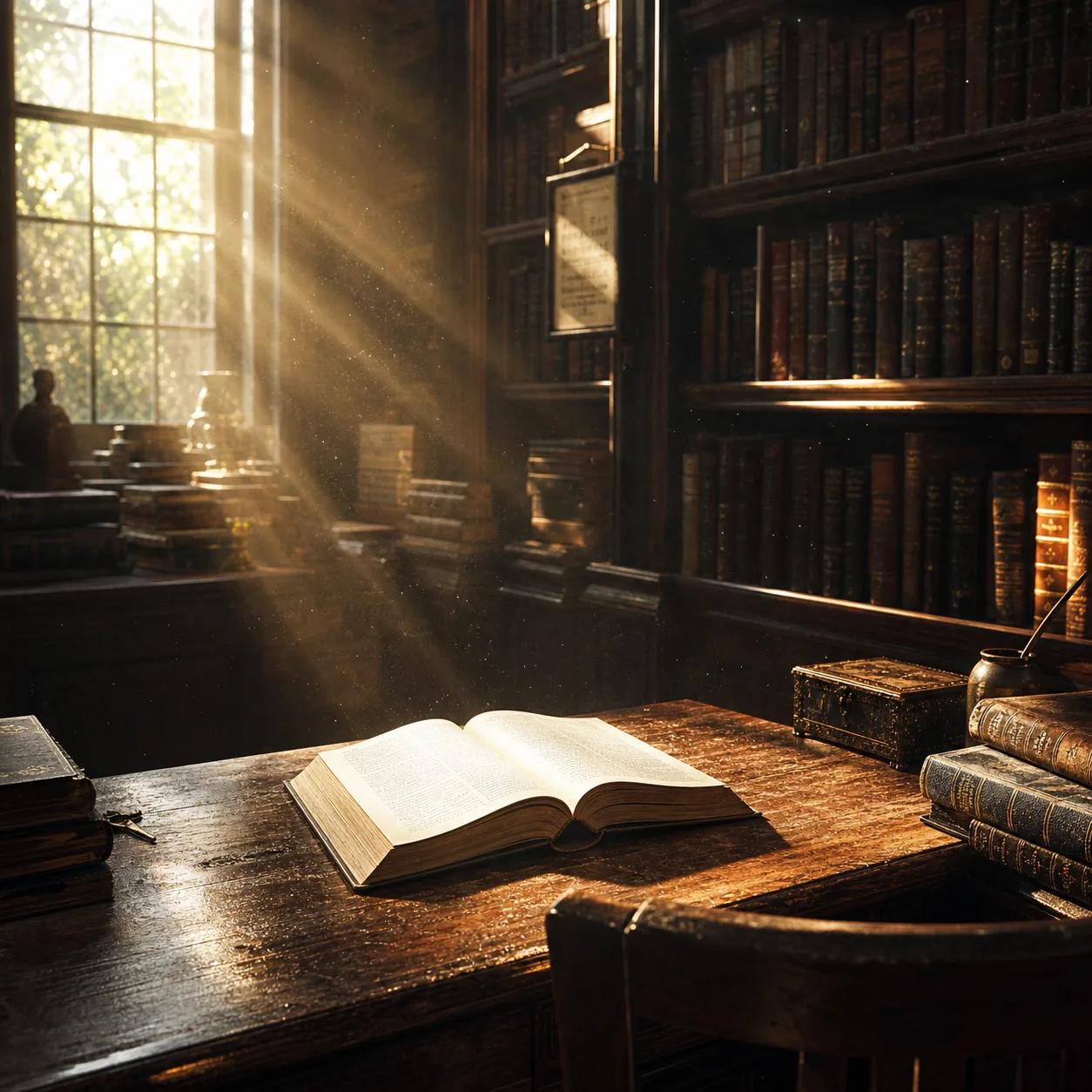 A sunlit library desk with an open book, a key beside a stack of old volumes, a lidded box and an inkwell, with golden light streaming through a tall window onto shelves of leather-bound books.