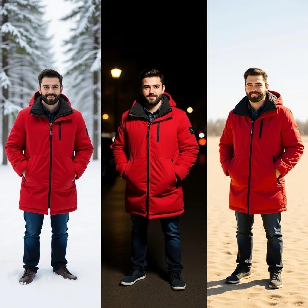 The same man generated by FLUX.1 Kontext across three environments — snowy forest, night street, sunlit beach — with face, beard and parka unchanged.