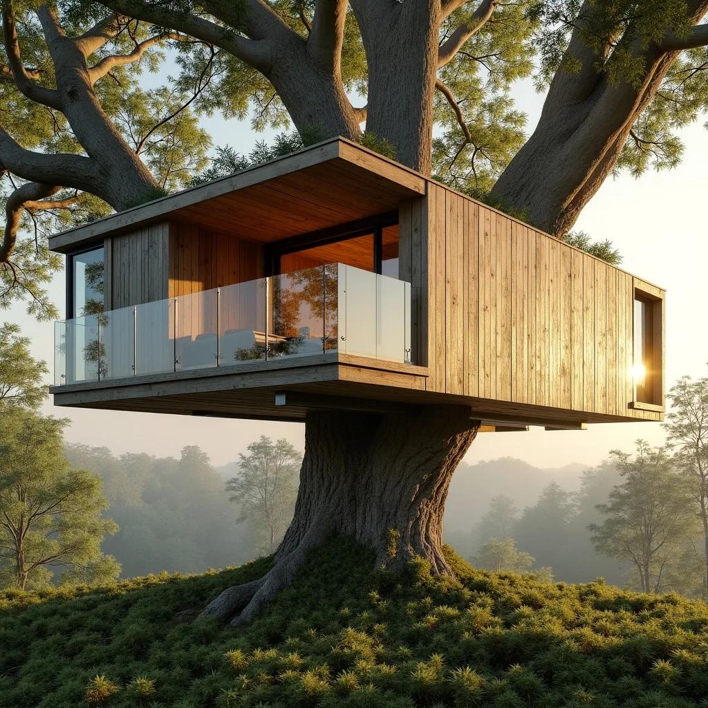 A finished architectural render of a treehouse cabin generated by FLUX.1 Dev, with sharp timber grain and glass reflections in low evening light.