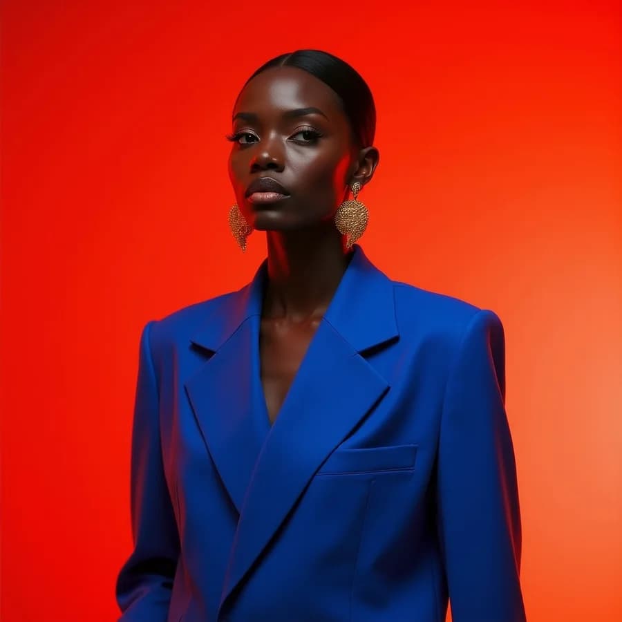 A fashion editorial portrait generated by FLUX.1 Dev — a model in an electric cobalt blazer against hot coral, hard studio flash.