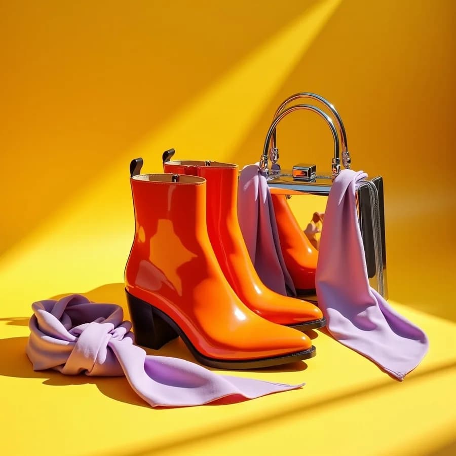 A fashion still life generated by FLUX.1 Dev — tangerine patent boots, a lilac scarf and a chrome bag on sunflower yellow.