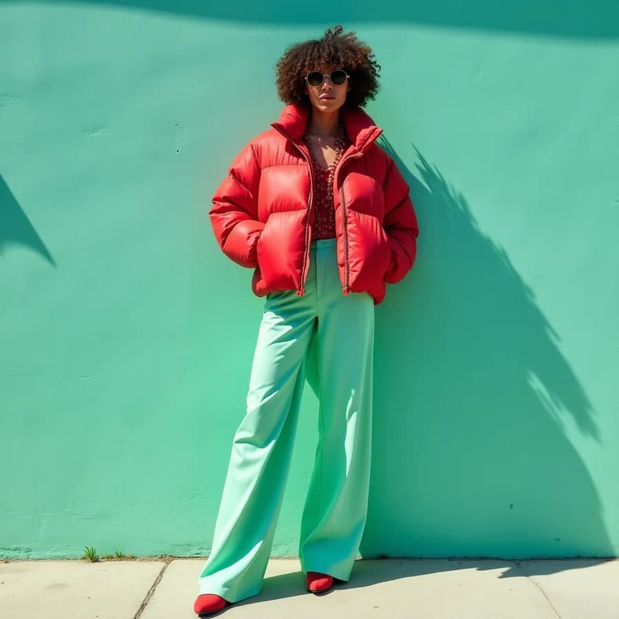 A street style portrait generated by FLUX.1 Dev — a scarlet puffer and mint trousers against a turquoise wall.