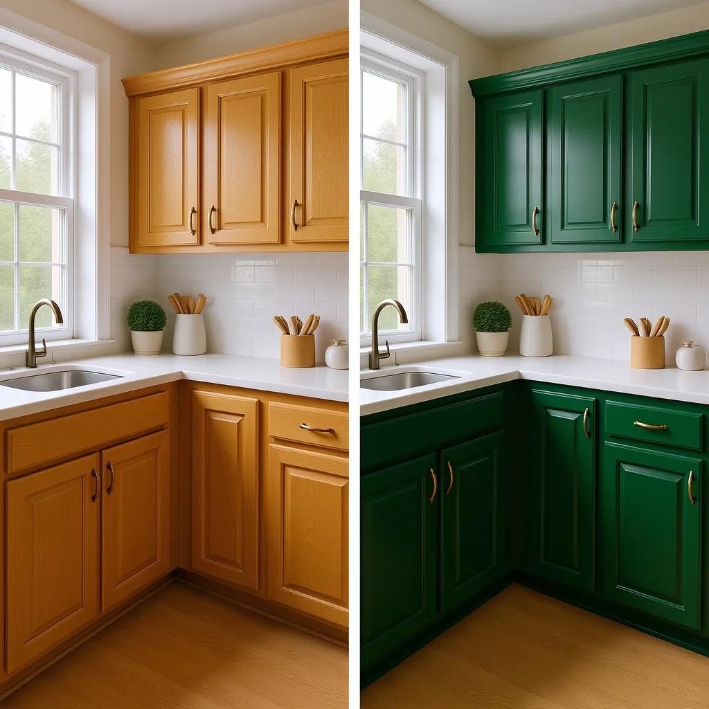 One kitchen generated by FLUX.1 Kontext twice from the identical camera position, with only the cabinet doors changed from oak to forest green.