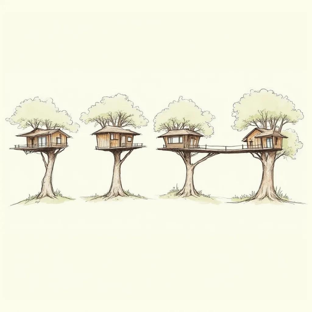 Quick concept sketches of a treehouse cabin generated by FLUX.1 Schnell in four steps — the sketchpad pass before committing to a direction.