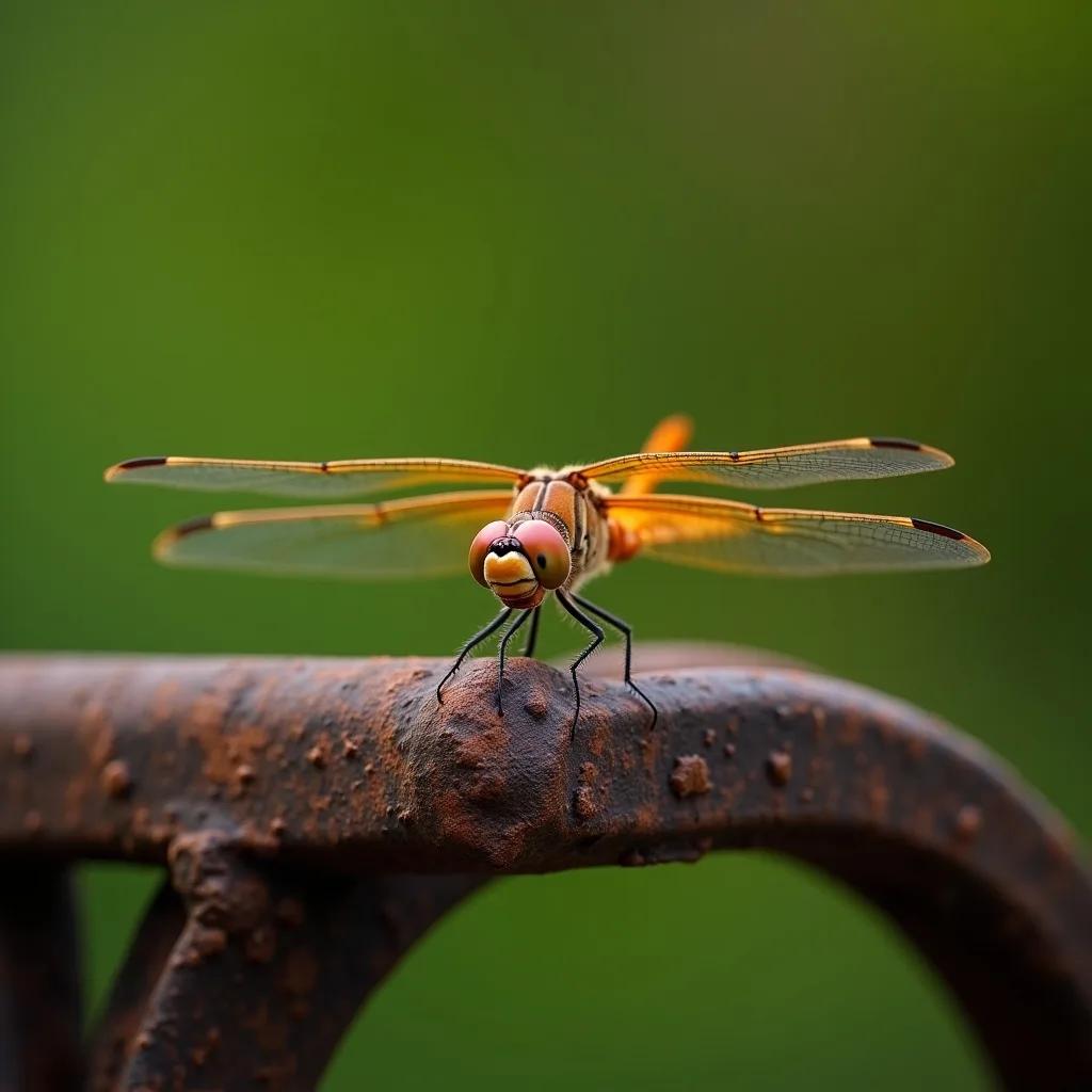 A macro photograph of a dragonfly generated by FLUX.1 Dev, wing veins and compound eyes sharply resolved against soft bokeh.