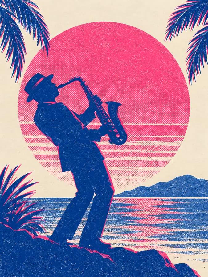 A two-colour risograph print generated with GPT Image 2 — a saxophone player in cobalt silhouette against a huge hot-pink halftone sun, palm fronds at the edges.