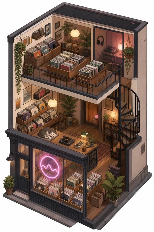 An isometric cutaway illustration generated with GPT Image 2 — a tiny two-storey record shop with vinyl crates, a listening booth, a spiral staircase and a neon sign.