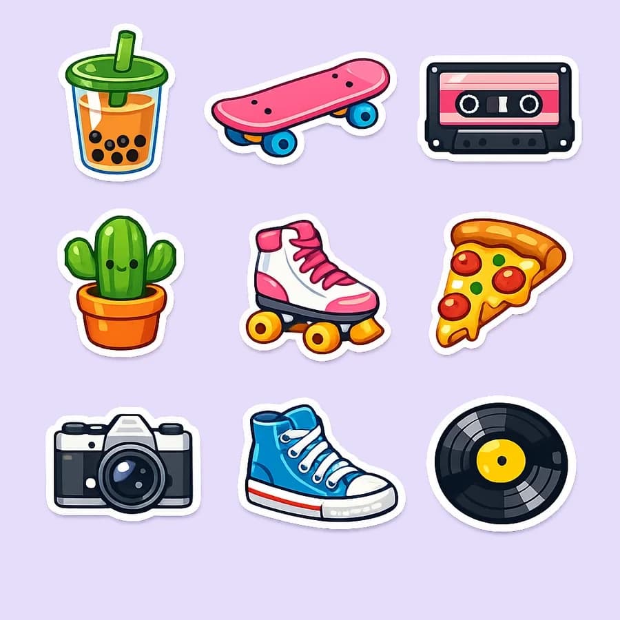 A sticker sheet generated with GPT Image 1.5 — nine die-cut stickers in a grid: boba tea, skateboard, cassette, cactus, roller skate, pizza, camera, sneaker and vinyl record.