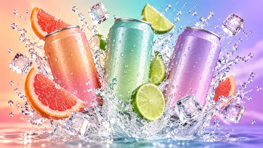 A studio advertising photo generated with GPT Image 2 — three pastel soda cans bursting out of a splash of water with grapefruit, lime and ice frozen mid-air.