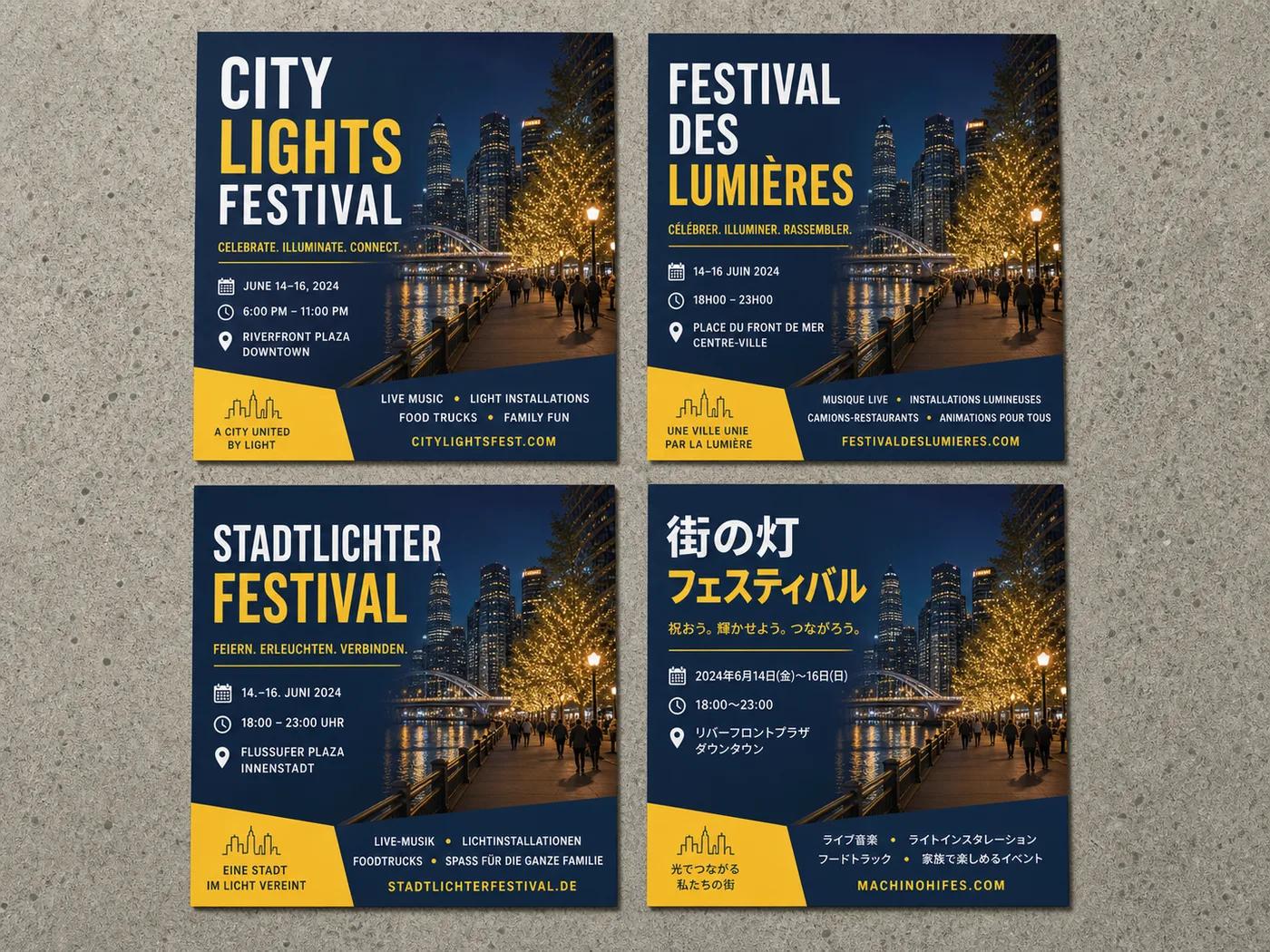 Four identical event flyers generated by GPT Image 2, the same layout and photograph with the headline and body copy correctly set in English, French, German and Japanese.