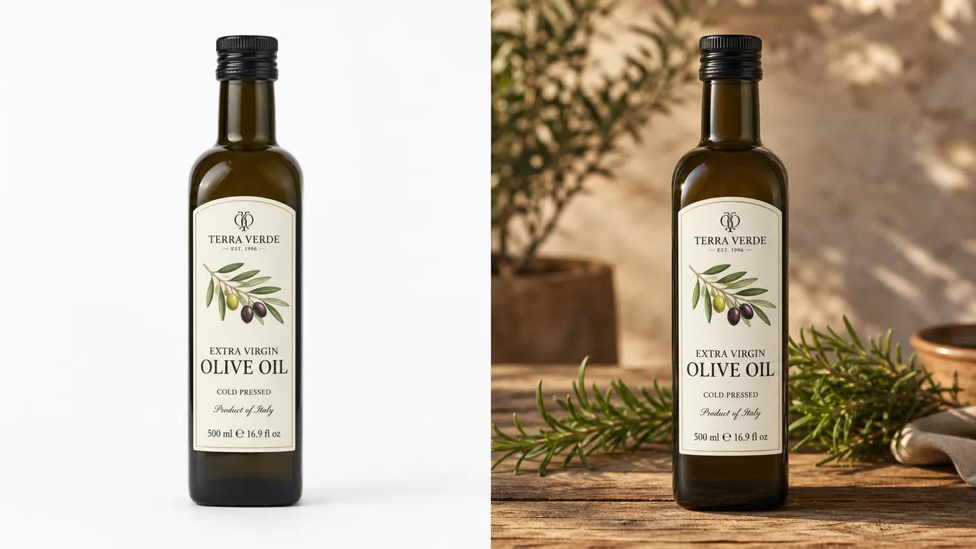 The same olive oil bottle generated by GPT Image 2 twice — on a studio sweep and on a rustic table — with the label artwork and typography unchanged between them.