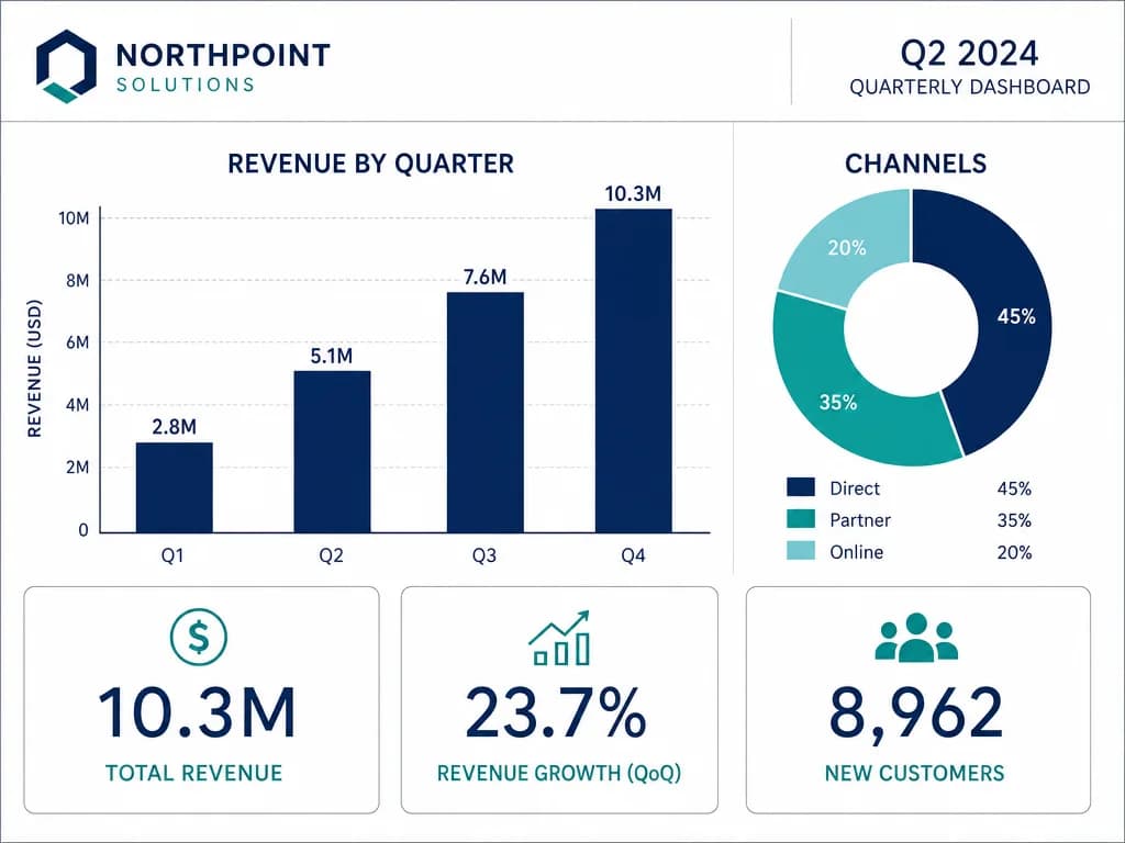 A quarterly business dashboard generated by GPT Image 2 — a four-bar revenue chart, a donut chart whose segments sum to 100%, a matching legend and three KPI tiles, all figures consistent and correctly spelled.