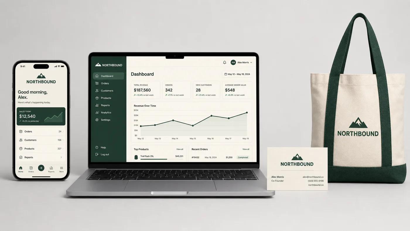 One brand shown by GPT Image 2 across four surfaces — phone screen, laptop dashboard, business card and tote bag — with the same wordmark and palette correct on each.