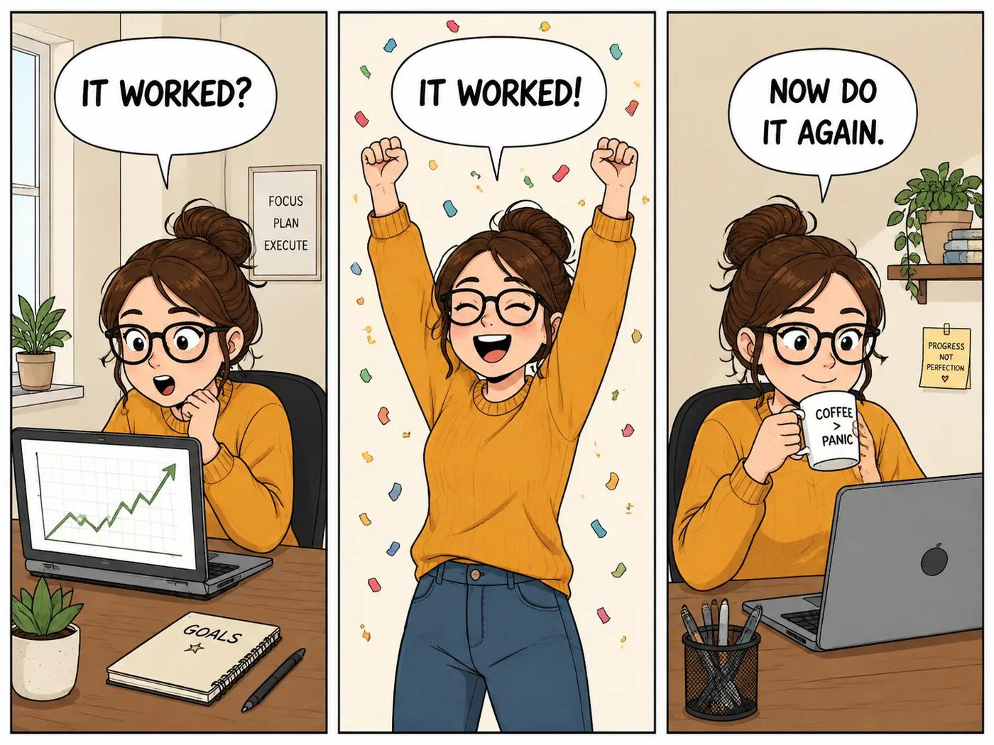 A three-panel comic generated by GPT Image 2, the same character with identical hair, glasses and jumper across all three panels and all lettering legible.