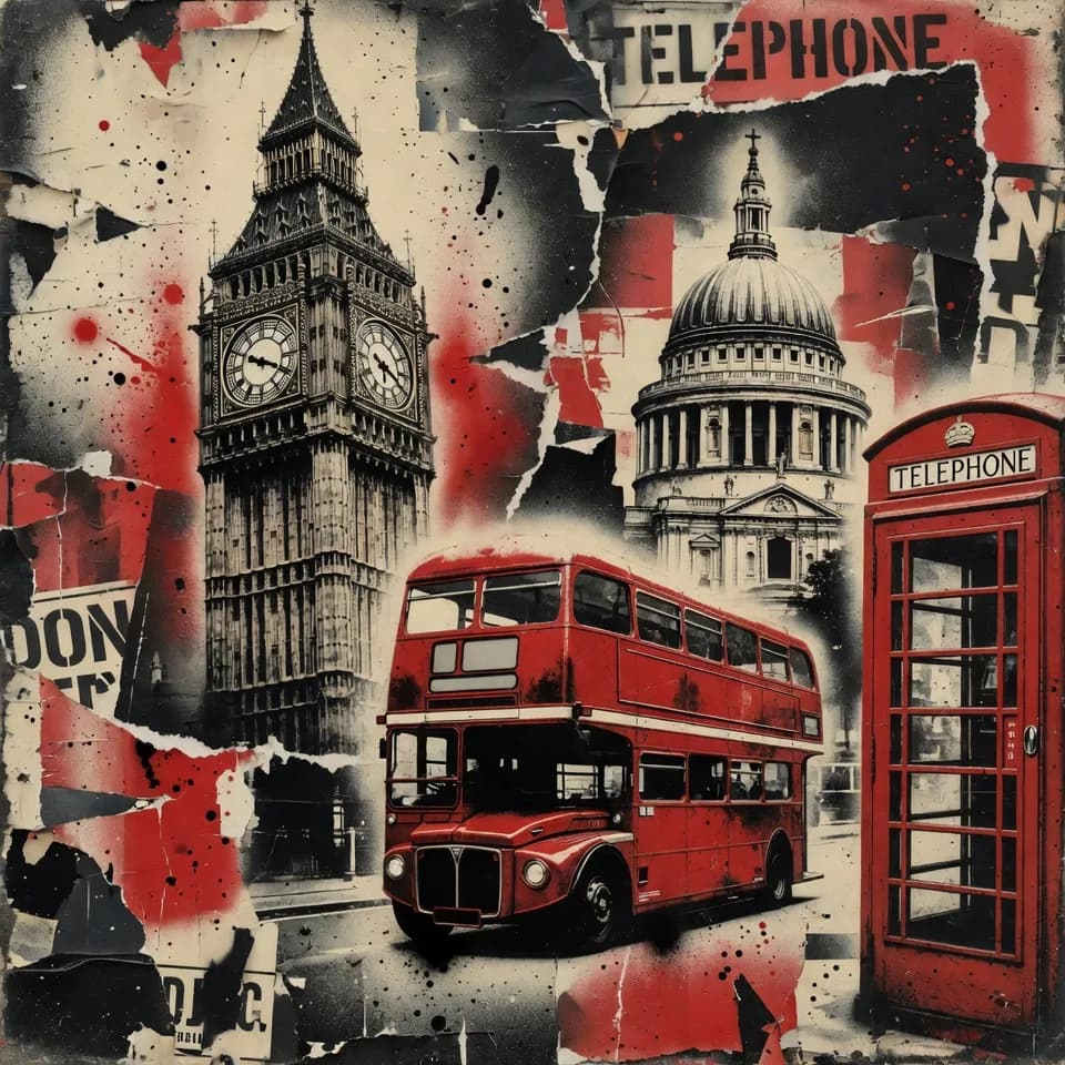A stencilled street-art collage of London landmarks generated by Grok Imagine — xAI’s own documented example prompt.
