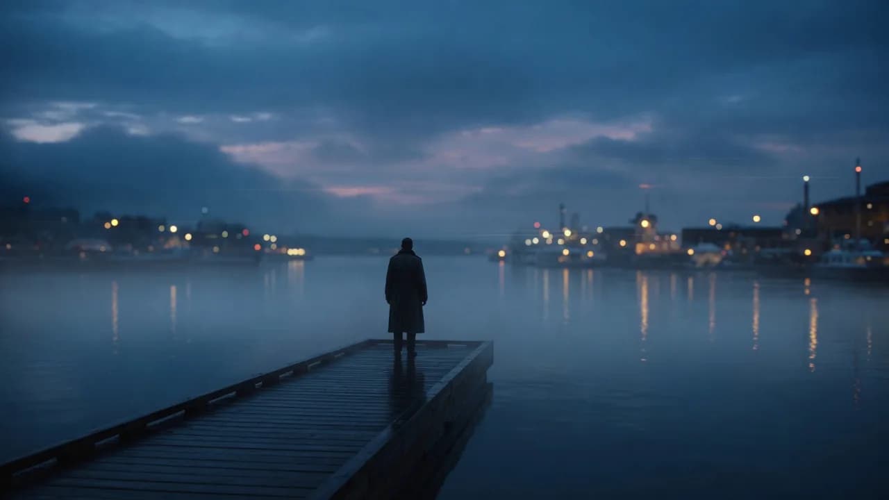 A cinematic opening frame generated by Grok Imagine — a lone figure at the end of a rain-slicked pier at blue hour, composed to be handed to Grok Video.