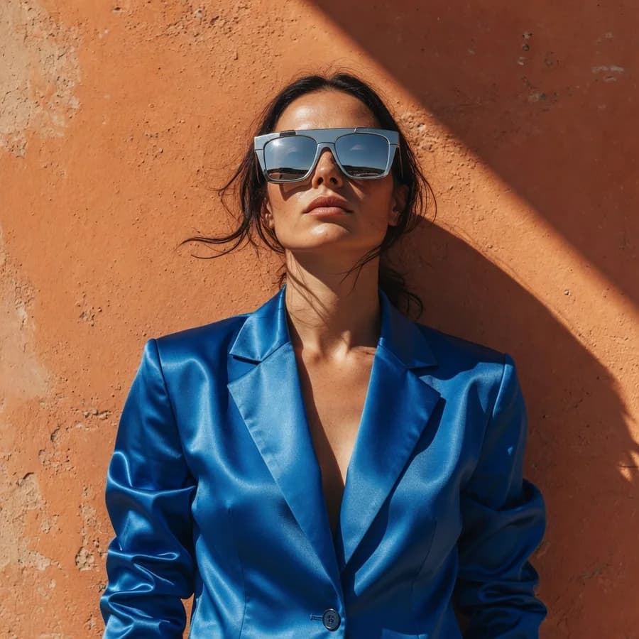 An editorial portrait generated by Grok Imagine — an electric blue satin blazer against a sun-bleached orange wall in harsh midday sun.