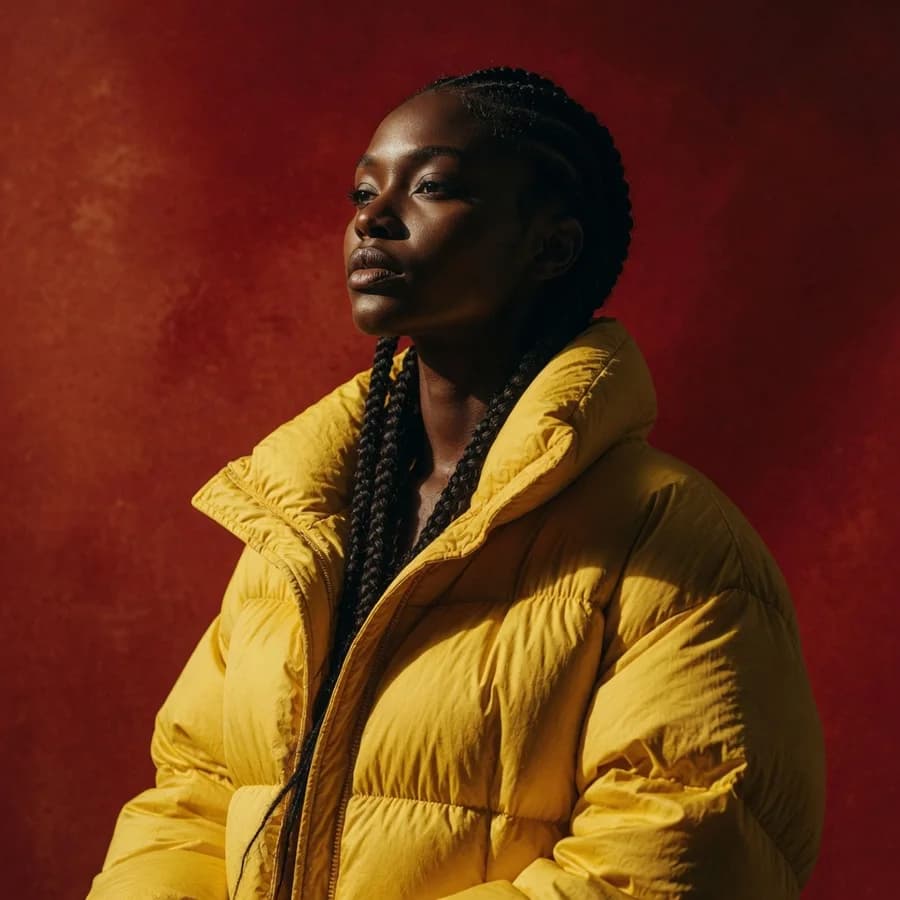 A fashion portrait generated by Grok Imagine — a canary yellow puffer coat against deep crimson under dramatic side light.