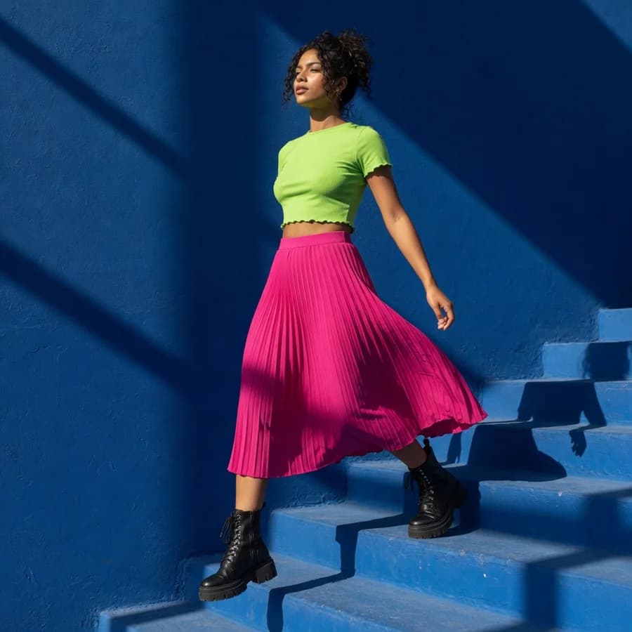 A full-length shot generated by Grok Imagine — a fuchsia pleated skirt and lime crop top on a cobalt blue staircase.