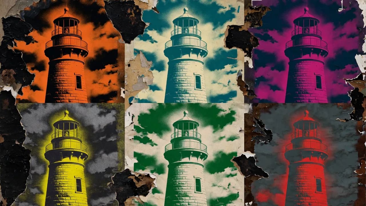 Six stencilled street-art takes on one lighthouse generated by Grok Imagine, each in a different two-colour palette.