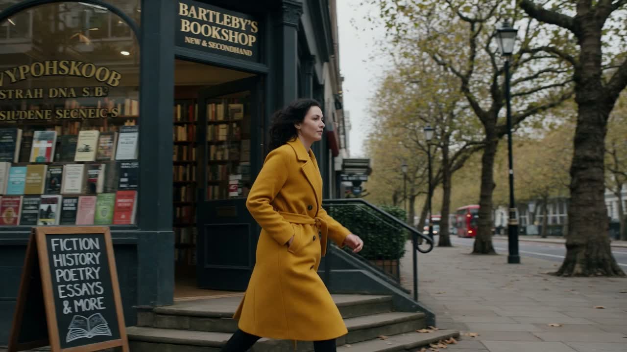 The same woman in a mustard coat generated by Grok Video across a bookshop, a street and a cafe, her face, hair and coat unchanged throughout.