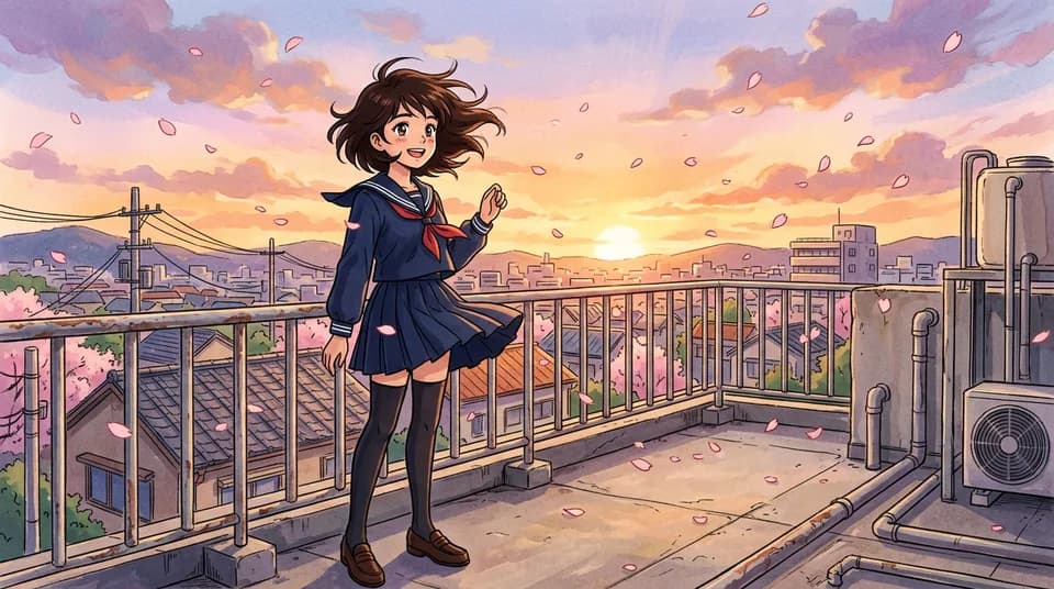 An anime illustration of a girl in a sailor uniform on a rooftop with cherry blossom in the air.