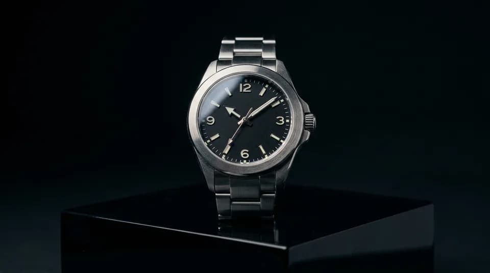 A wristwatch on a dark reflective plinth under a hard key light.