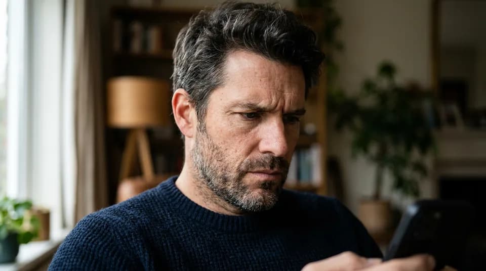 A close portrait of a man in his forties looking down at a phone in soft window light.