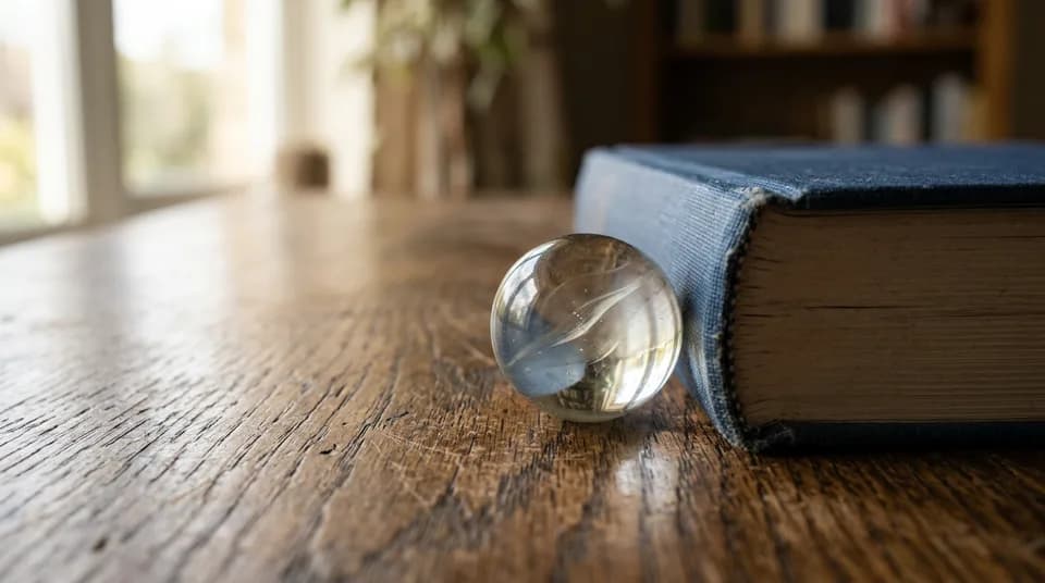 A glass marble on a wooden table beside a hardback book.