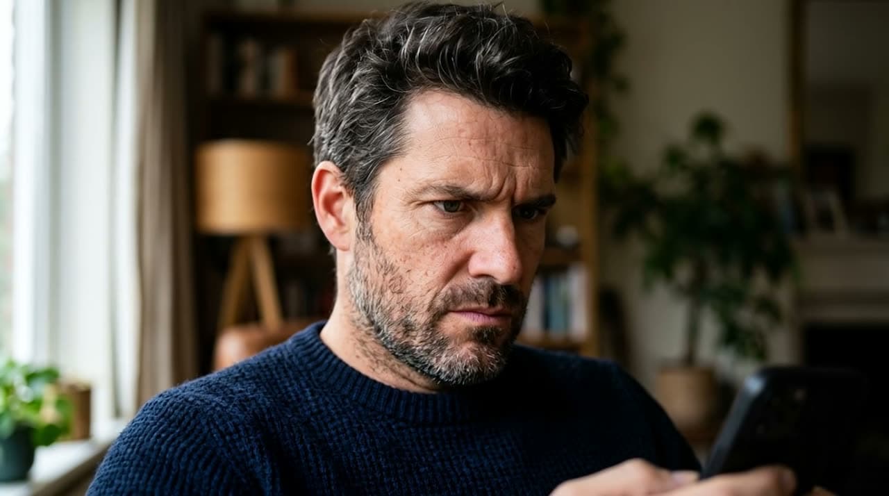 A close portrait of a man reading his phone, his expression tightening then setting before he looks away. Still generated on Nano Banana 2, animated by Hailuo 2.3 Fast.