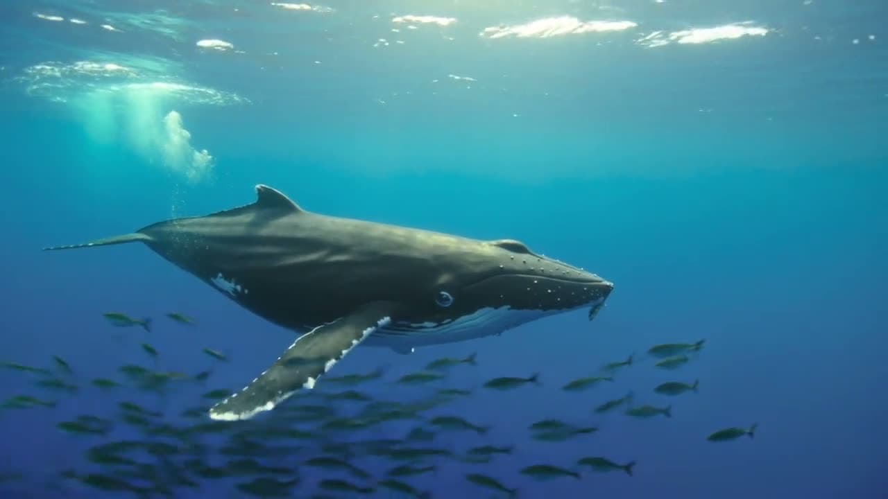 A humpback whale gliding through sunlit blue water above a school of fish — generated with Kling.