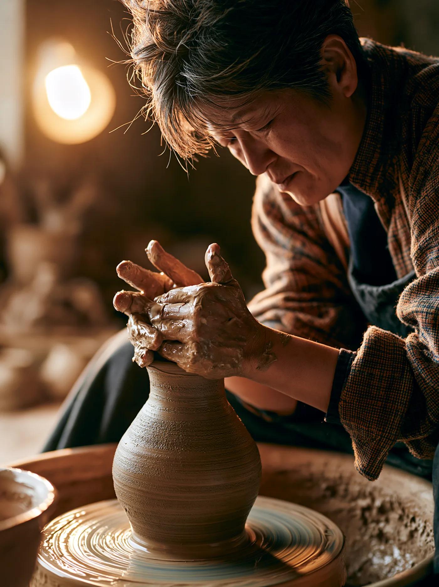 A close portrait of a potter at her wheel generated by Midjourney v8.1, both hands clearly visible and correctly formed as she shapes the clay.
