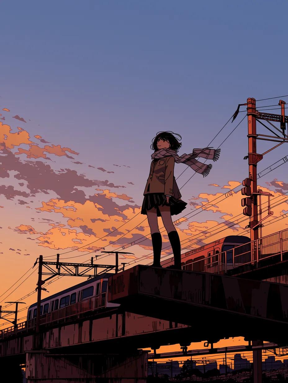 An anime illustration generated by Midjourney Niji 7 — a girl on a railway overpass at sunset in clean cel shading with flat confident linework.