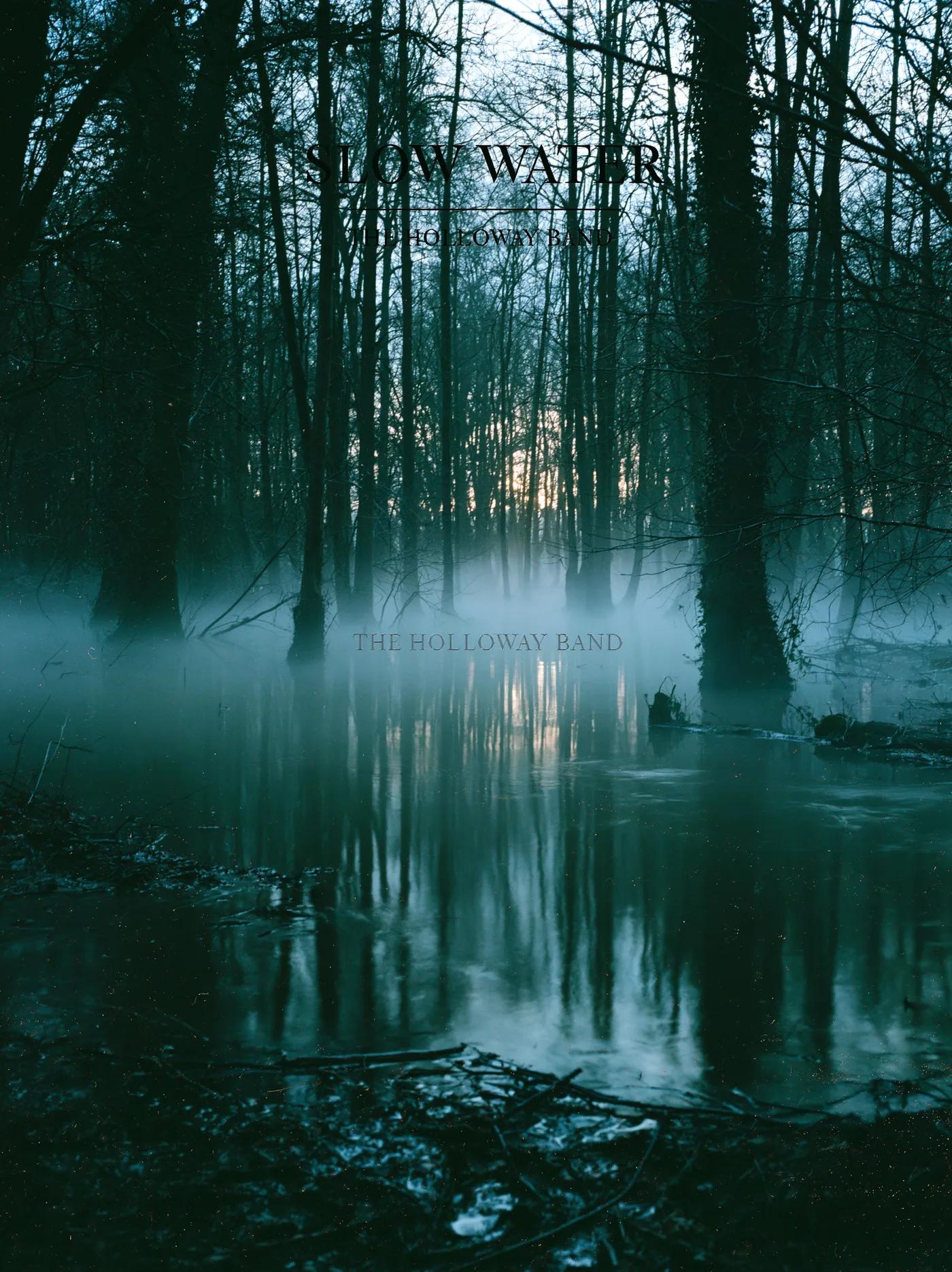 An album cover generated by Midjourney v8.1, the title and band name set legibly over a photograph of a flooded forest at dusk.