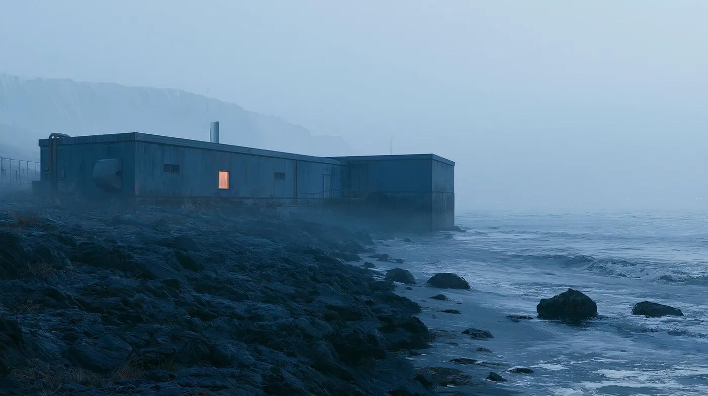 Concept art of a coastal research outpost at dawn generated by Midjourney v8.1 — painterly matte-painting finish with atmospheric perspective.