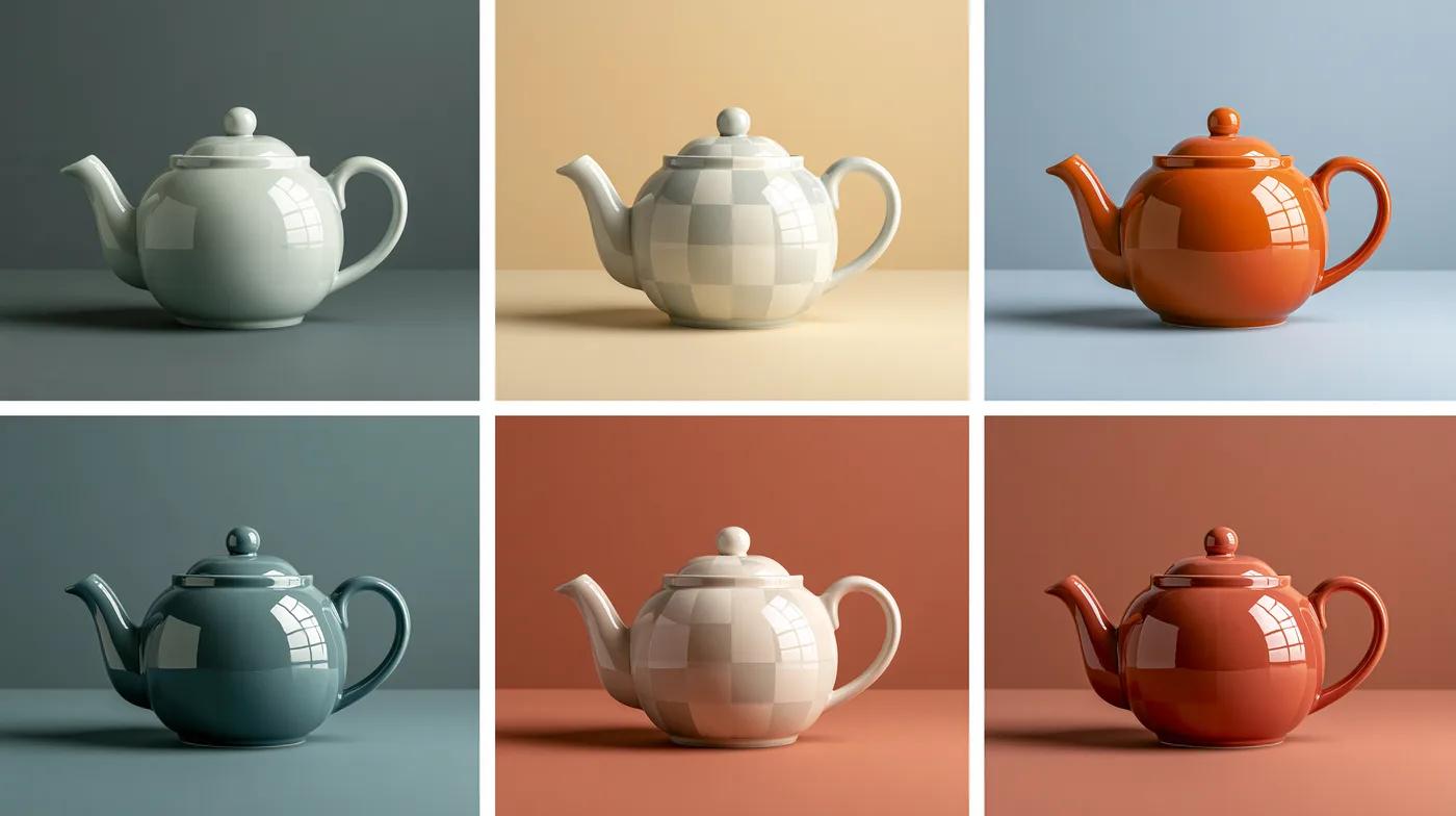 A nine-cell contact sheet generated by Midjourney v8.1 showing the same ceramic teapot under nine different angles, lights and background colours.