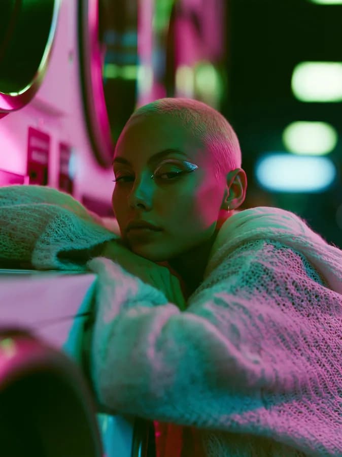 The first of four takes from one Midjourney v8.1 run — a portrait in a neon-lit laundromat, magenta and green light on a woman with a bleached buzz cut.