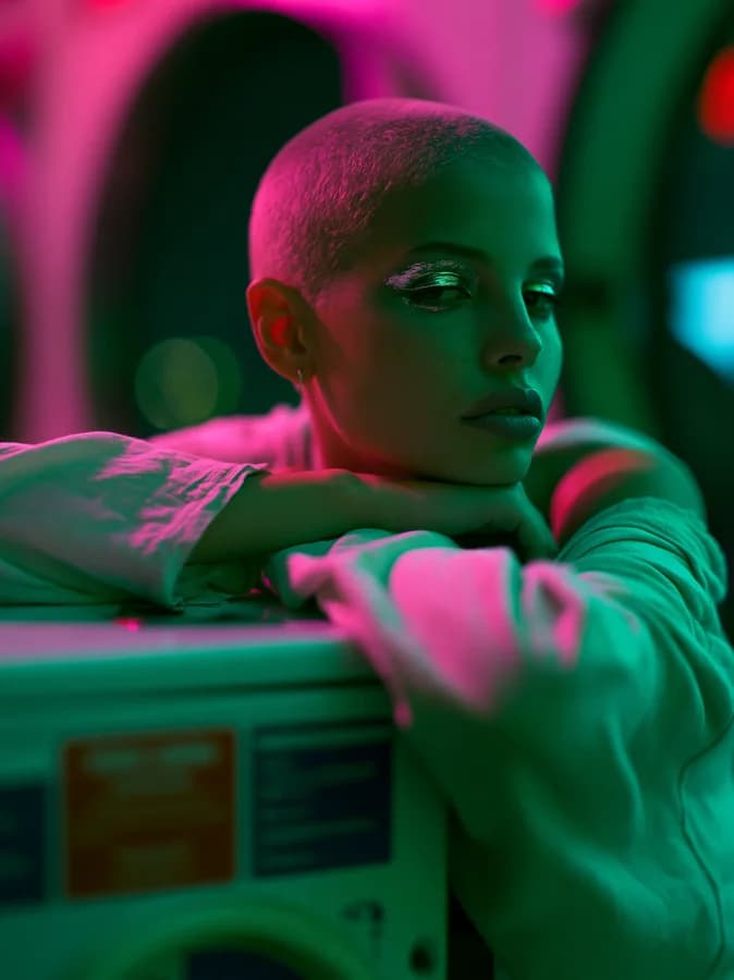 The second of four takes from one Midjourney v8.1 run — a portrait in a neon-lit laundromat, magenta and green light on a woman with a bleached buzz cut.