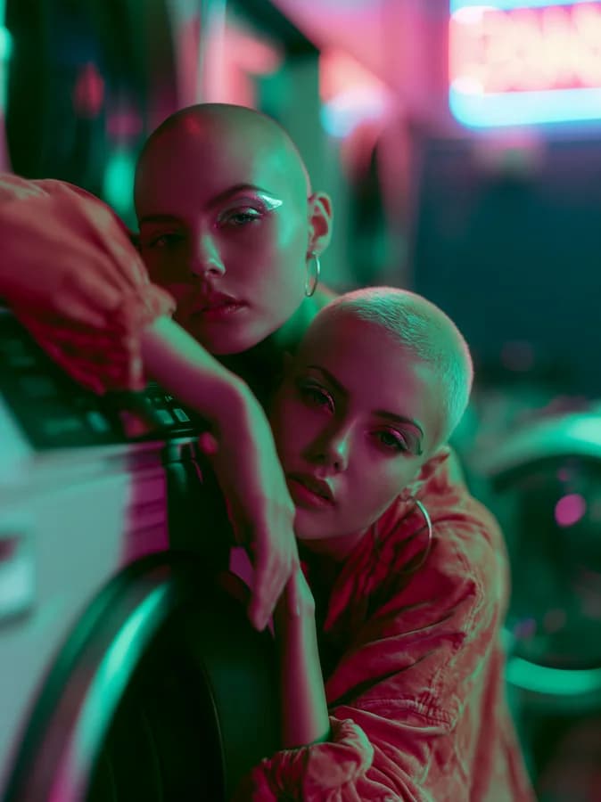 The third of four takes from one Midjourney v8.1 run — a portrait in a neon-lit laundromat, magenta and green light on a woman with a bleached buzz cut.