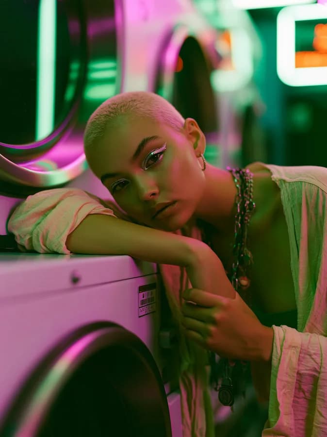 The fourth of four takes from one Midjourney v8.1 run — a portrait in a neon-lit laundromat, magenta and green light on a woman with a bleached buzz cut.