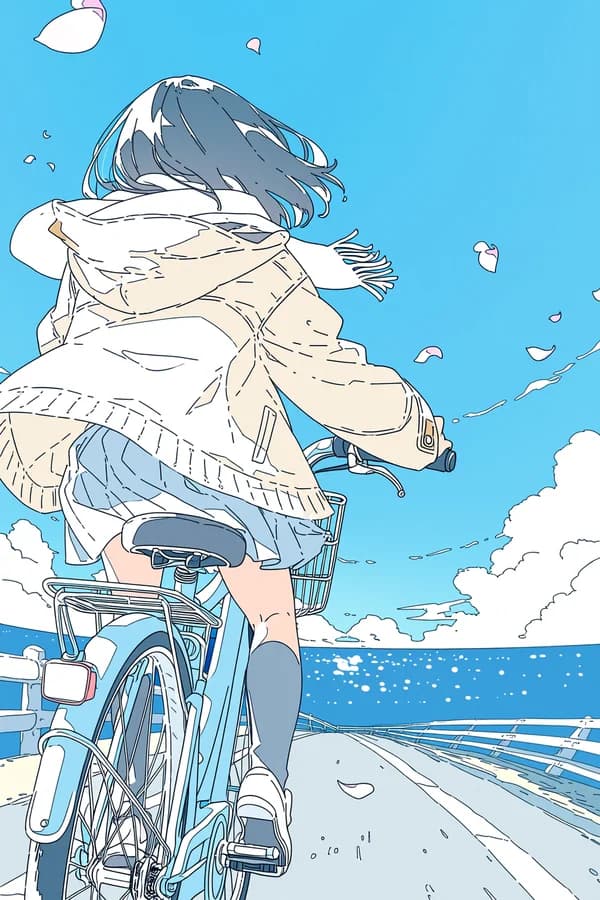The first of four takes from one Niji 7 run — an anime illustration of a girl coasting downhill on a bicycle beside the sea, petals in the air.