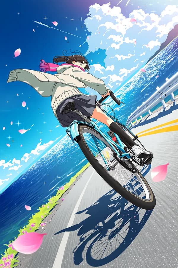The second of four takes from one Niji 7 run — an anime illustration of a girl coasting downhill on a bicycle beside the sea, petals in the air.