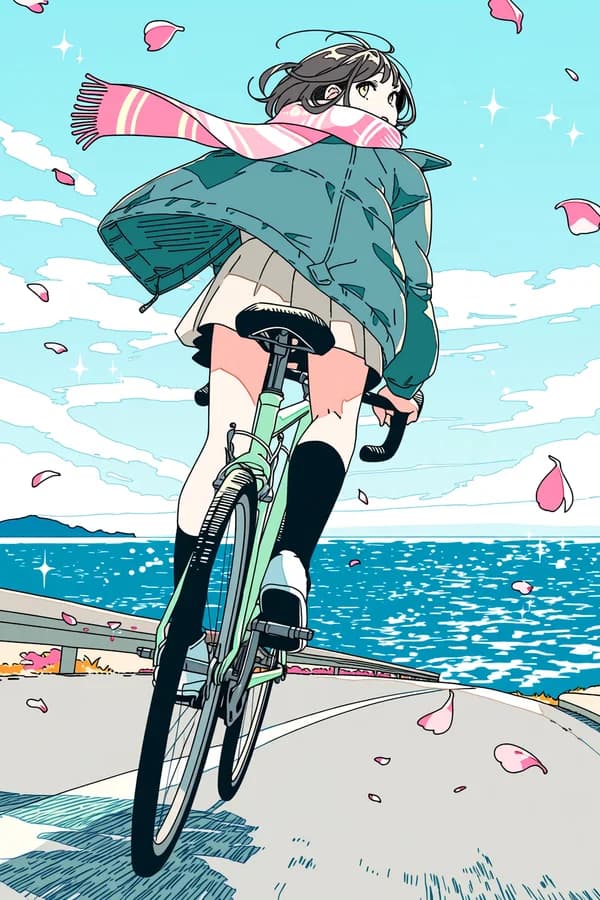 The third of four takes from one Niji 7 run — an anime illustration of a girl coasting downhill on a bicycle beside the sea, petals in the air.